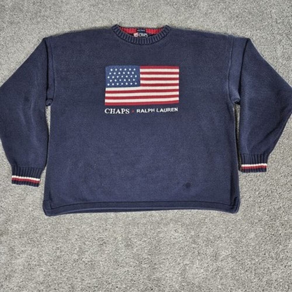 VTG Y2K Chaps Ralph Lauren Sweater Adult XL USA Flag Hand Framed Knit